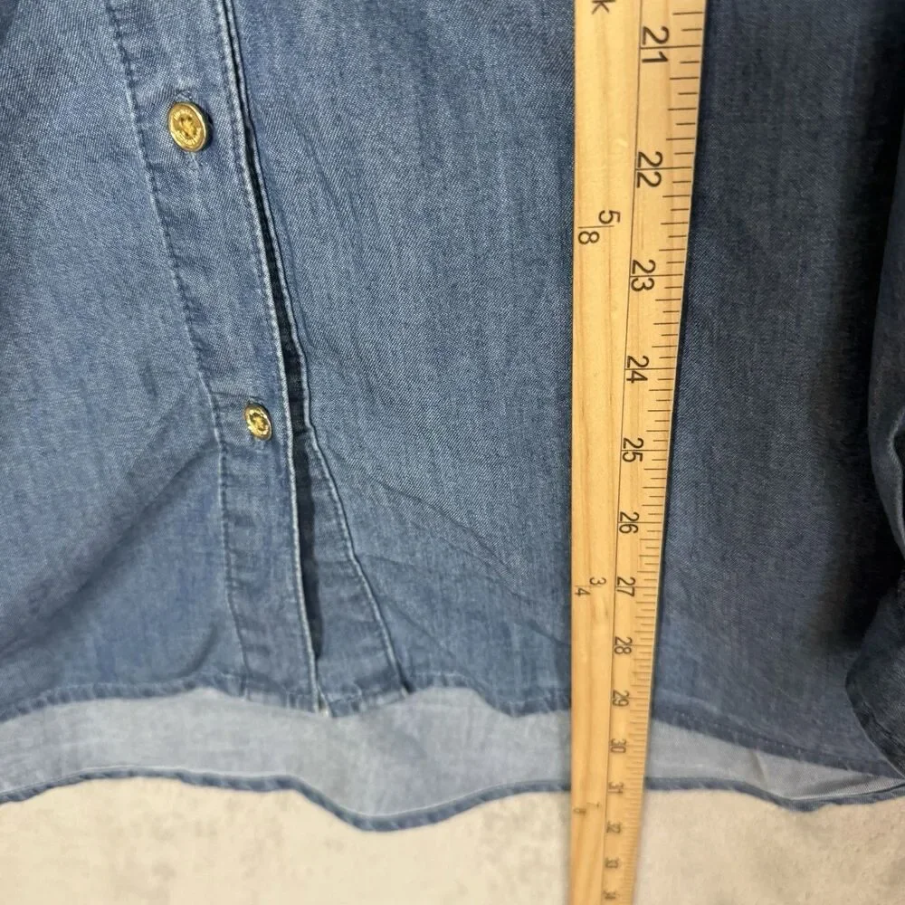 Michael Kors 3X Women Denim Chambray Gold Button Shirt Roll Tab Long Sleeve Blue